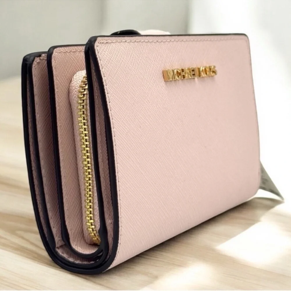 Michael Kors Medium Jet Set Travel Zip Chain Bifold Wallet Leather Powder Blush